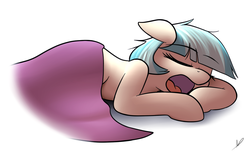 Size: 1068x651 | Tagged: safe, artist:neighday, coco pommel, earth pony, pony, g4, blanket, eyes closed, female, mare, open mouth, sleeping, snoring, solo