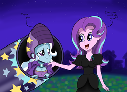 Size: 2131x1550 | Tagged: dead source, safe, artist:kittyprints91, starlight glimmer, trixie, equestria girls, g4, no second prances, breasts, cannon, clothes, dialogue, dress, equestria girls interpretation, equestria girls-ified, female, helmet, moonshot manticore mouth dive, open mouth, pony cannonball, scene interpretation, text, trixie's cannon