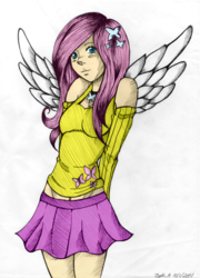 Size: 1024x1425 | Tagged: safe, artist:akaneayoshinari, artist:ixalon, color edit, edit, fluttershy, human, g4, clothes, colored, cute, female, humanized, midriff, shyabetes, skirt, solo, tank top, winged humanization