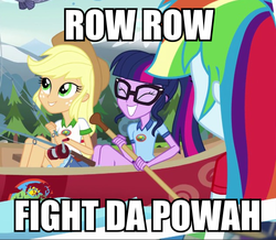 Size: 632x550 | Tagged: safe, edit, edited screencap, screencap, applejack, rainbow dash, sci-twi, twilight sparkle, equestria girls, g4, my little pony equestria girls: legend of everfree, canoe, fishing, image macro, meme, row row fight tha powah, tengen toppa gurren lagann