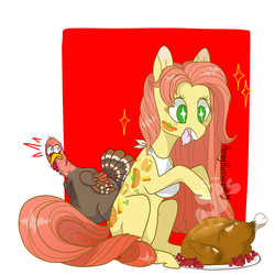 Size: 1024x1024 | Tagged: safe, artist:honeybonniebunny, munchy, pony, turkey, g1, bib, hungry, ponies eating meat, starry eyes, tongue out, wingding eyes