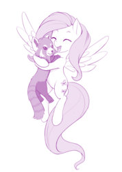Size: 711x1000 | Tagged: safe, artist:dstears, fluttershy, pegasus, pony, red panda, g4, animal, cute, duo, flying, hug, shyabetes