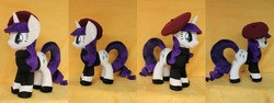 Size: 6016x2256 | Tagged: safe, artist:whitedove-creations, rarity, g4, beatnik rarity, beret, clothes, female, hat, irl, photo, plushie, shoes, slippers, solo, sweater