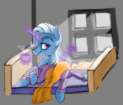 Size: 1297x1101 | Tagged: safe, artist:buttersflutterscotch, trixie, pony, unicorn, g4, bed, clothes, coffee, comb, female, pajamas, smiling, solo
