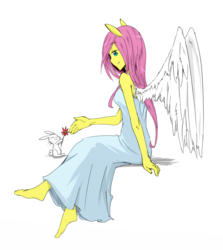 Size: 1024x1149 | Tagged: safe, artist:ixalon, artist:ya0427, color edit, edit, angel bunny, fluttershy, human, g4, barefoot, clothes, colored, colored eyes, cute, dress, eared humanization, eyes closed, feet, flower, humanized, lidded eyes, simple background, sitting, skinny, smiling, spread wings, thin, white background, winged humanization