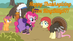 Size: 771x434 | Tagged: safe, artist:kingbilly97, chief thunderhooves, fluttershy, little strongheart, pinkie pie, scootaloo, bison, buffalo, earth pony, pegasus, pony, turkey, g4, clothes, costume, puffy sleeves, saloon dress, saloon pinkie, thanksgiving, turkey costume