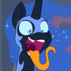 Size: 720x720 | Tagged: safe, artist:rookiex, nightmare moon, g4, drainpipe throat, ethereal mane, fangs, female, helmet, long tongue, mare, maw, mawshot, open mouth, sharp teeth, slit pupils, smiling, solo, starry mane, teeth, throat, tongue out, uvula, wide eyes