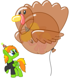 Size: 2650x2986 | Tagged: safe, artist:sny-por, oc, oc only, oc:jax, oc:lola balloon, earth pony, pegasus, pony, turkey, balloon, birthday, clothes, couple, hat, high res, hoodie, one eye closed, party hat, ponytail, simple background, thanksgiving, transparent background, wink