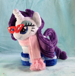 Size: 895x900 | Tagged: safe, artist:hollyivydesigns, rarity, g4, clothes, female, glasses, irl, lidded eyes, photo, plushie, scarf, socks, solo, striped socks