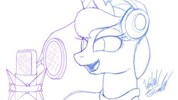 Size: 1000x563 | Tagged: safe, artist:fuzon-s, princess luna, alicorn, pony, g4, artflow, bust, female, gradient lineart, headphones, microphone, monochrome, pop filter, singing, sketch, solo