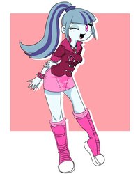 Size: 722x900 | Tagged: dead source, safe, artist:semi-kon, sonata dusk, equestria girls, g4, abstract background, boots, clothes, cute, female, jewelry, necklace, one eye closed, ponytail, skirt, socks, solo, sonatabetes, wink