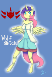 Size: 3025x4433 | Tagged: safe, artist:wolfy-pony, oc, oc only, oc:solaria, alicorn, anthro, unguligrade anthro, alicorn oc, blue background, blushing, clothes, cute, female, high res, signature, simple background, smiling, solo