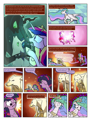 Size: 900x1200 | Tagged: safe, artist:arofatamahn, princess cadance, princess celestia, queen chrysalis, shining armor, twilight sparkle, oc, oc:nahmat, comic:the night the magic died, g4, comic