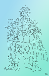 Size: 1240x1938 | Tagged: safe, artist:mauroz, lightning dust, rainbow dash, soarin', human, g4, glare, humanized, incomplete, rivalry, sketch, smiling, stare down