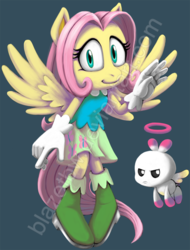 Size: 800x1051 | Tagged: safe, artist:blazetbw, angel bunny, fluttershy, chao, mobian, anthro, plantigrade anthro, g4, clothes, crossover, female, solo, sonic the hedgehog (series), sonicified, species swap, style emulation, watermark