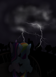 Size: 2184x3000 | Tagged: safe, artist:phosphide, rainbow dash, twilight sparkle, g4, cloud, female, hug, lesbian, lightning, ship:twidash, shipping, storm, winghug