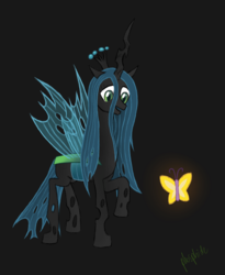 Size: 2389x2919 | Tagged: safe, artist:phosphide, queen chrysalis, butterfly, changeling, changeling queen, g4, crown, cute, cutealis, female, high res, jewelry, raised hoof, regalia, smiling, solo, transparent wings, wings