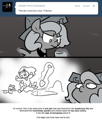 Size: 666x803 | Tagged: safe, artist:egophiliac, nightmare moon, princess luna, moonstuck, g4, cartographer's cap, dark woona, filly, food, grayscale, hat, jam, monochrome, nightmare woon, shovel, woona, woonoggles, younger