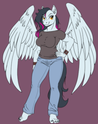 Size: 708x897 | Tagged: safe, artist:blessed bea, oc, oc only, oc:lucky blaze, pegasus, anthro, plantigrade anthro, barefoot, big breasts, breasts, clothes, ear piercing, feet, female, large wings, looking at you, piercing, solo, toenails, toes, wings