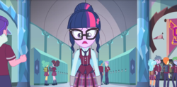 Size: 1194x591 | Tagged: safe, screencap, carlos thunderbolt, celery stalk, frosty orange, garden grove, melon mint, quark fusion, sci-twi, twilight sparkle, equestria girls, g4, my little pony equestria girls: friendship games, background human, crystal prep academy, what more is out there