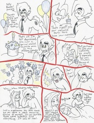 Size: 4841x6289 | Tagged: safe, artist:flicker-show, pinkie pie, oc, oc:flicker show, g4, absurd resolution, antidepressants, balloon, bed, candle, canon x oc, comic, cupcake, food, male, monochrome, nightmare, partial color, pinkamena diane pie, shipping, straight, traditional art, we happy few