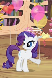 Size: 431x640 | Tagged: safe, screencap, rarity, pony, unicorn, daring don't, g4, balloon, book, cake, cropped, cupcake, cute, female, food, golden oaks library, heart balloon, hoof hold, jewelry, library, mare, national random holiday party day, party, raribetes, solo, streamers, tiara