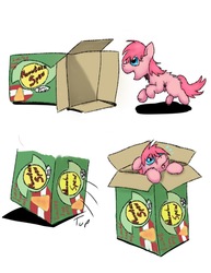 Size: 1080x1398 | Tagged: safe, artist:fluffsplosion, fluffy pony, blatant product placement, box, solo, stuck, stupidity