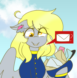 Size: 6200x6300 | Tagged: safe, artist:cubbybatdoodles, derpy hooves, pegasus, pony, g4, absurd resolution, clothes, female, floppy ears, grin, hat, letter, looking at you, mailmare, mare, smiling, solo, uniform