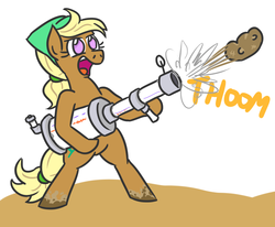 Size: 875x721 | Tagged: safe, artist:jargon scott, oc, oc only, oc:tater trot, pony, bipedal, food, open mouth, potato, potato cannon, simple background, solo, white background