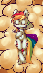 Size: 2963x5023 | Tagged: safe, artist:luxaestas, rainbow dash, g4, armpits, both cutie marks, cloud, eyes closed, female, mp3 player, on back, smiling, solo