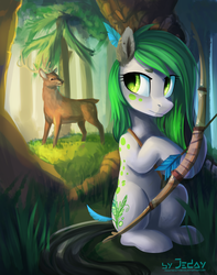 Size: 1500x1900 | Tagged: safe, artist:jedayskayvoker, oc, oc only, deer, earth pony, pony, arrow, bow (weapon), bow and arrow, feather in hair, forest, hunting, tree, weapon