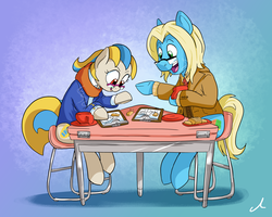 Size: 4000x3200 | Tagged: safe, artist:docwario, oc, oc only, oc:pia ikea, pony, chair, clothes, duo, sitting