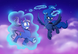 Size: 5014x3507 | Tagged: safe, artist:doublewbrothers, princess luna, oc, oc:azure night, pony, unicorn, g4, alternate hairstyle, azuna, canon x oc, curved horn, cute, duo, flying, horn, laughing, levitation, lunabetes, magic, ponytail, scared, shipping, spread wings, telekinesis, tongue out