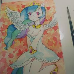 Size: 960x960 | Tagged: safe, artist:陳芫茹‎, princess celestia, anthro, unguligrade anthro, g4, breasts, female, solo, spread wings, traditional art