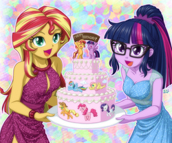 Size: 1200x997 | Tagged: safe, artist:uotapo, applejack, fluttershy, pinkie pie, rainbow dash, rarity, sci-twi, sunset shimmer, twilight sparkle, alicorn, earth pony, pegasus, pony, unicorn, equestria girls, bipedal, birthday, birthday cake, cake, clothes, colored pupils, cute, dessert, diapinkes, dress, duo, eyes closed, female, flying, food, glasses, happy, happy birthday, looking at you, mane six, open mouth, plate, pronking, running, shimmerbetes, sleeveless, smiling, spread wings, twiabetes, twilight sparkle (alicorn), twolight, uotapo is trying to murder us