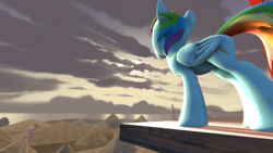 Size: 1920x1080 | Tagged: safe, artist:natarstudios, rainbow dash, g4, 3d, female, ledge, looking away, solo, sunrise