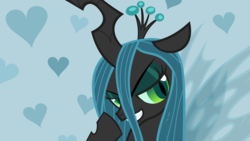 Size: 1920x1080 | Tagged: safe, artist:adcoon, queen chrysalis, changeling, changeling queen, g4, female, heart, lidded eyes, show accurate, solo, vector, wallpaper