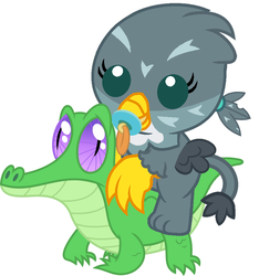 Size: 811x867 | Tagged: safe, artist:red4567, gabby, gummy, griffon, g4, the fault in our cutie marks, baby, chick, chickub, cub, cute, gabby riding gummy, gabbybetes, griffons riding gators, pacifier, red4567 is trying to murder us, riding, weapons-grade cute, younger