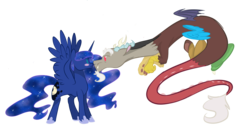 Size: 4336x2220 | Tagged: safe, artist:that-softscorpio, discord, princess luna, g4, male, ship:lunacord, shipping, simple background, straight, transparent background