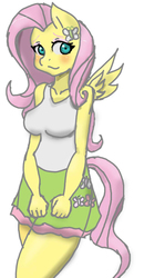 Size: 724x1392 | Tagged: safe, artist:tiroil, fluttershy, pegasus, anthro, g4, blushing, breasts, busty fluttershy, clothes, cute, equestria girls outfit, female, skirt, skirt pull, solo, tank top