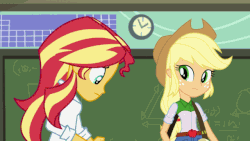 Size: 640x360 | Tagged: safe, screencap, applejack, sunset shimmer, equestria girls, g4, my little pony equestria girls: friendship games, the science of magic, animated, female, gif, out of context, sunset the science gal