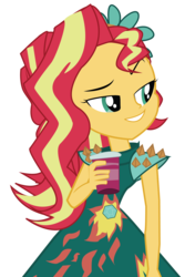 Size: 1721x2584 | Tagged: safe, artist:jongoji245, sunset shimmer, equestria girls, g4, my little pony equestria girls: legend of everfree, alternate hairstyle, clothes, crystal gala, cup, dress, drink, female, raised eyebrow, simple background, smugset shimmer, solo, transparent background, vector