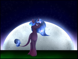 Size: 2963x2238 | Tagged: safe, artist:clefficia, oc, oc only, pony, unicorn, curved horn, female, high res, horn, mare, moon, solo