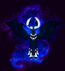 Size: 2738x2962 | Tagged: safe, artist:magnaluna, princess luna, g4, armor, colored wings, colored wingtips, cosmic, female, floating, galaxy mane, glowing eyes, high res, solo, spread wings