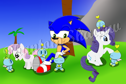 Size: 1024x683 | Tagged: safe, artist:phantomshadow051, rarity, sweetie belle, chao, g4, crossover, male, sonic the hedgehog, sonic the hedgehog (series), watermark