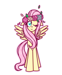 Size: 599x718 | Tagged: safe, artist:763lilypadpandaowl, fluttershy, g4, female, floppy ears, floral head wreath, flower, looking at you, one eye closed, simple background, smiling, solo, spread wings, standing, transparent background, wink