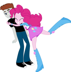 Size: 474x486 | Tagged: artist needed, safe, edit, pinkie pie, oc, oc:polar freeze, equestria girls, g4, boots, bracelet, clothes, high heel boots, hug, jewelry, pants, raised leg, shirt, shoes, simple background, skirt, skirt lift, sneakers, t-shirt, transparent background