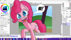 Size: 1365x767 | Tagged: safe, artist:mechanized515, pinkie pie, g4, breaking the fourth wall, colored pupils, desktop, female, fourth wall, looking at you, paint tool sai, solo