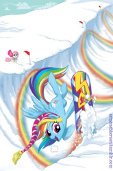 Size: 600x910 | Tagged: safe, artist:amy mebberson, idw, fluttershy, rainbow dash, g4, backwards cutie mark, clothes, cloud, comic, contrail, cover, no logo, open mouth, smiling, snow, snowboard, snowboarding, spread wings, textless, winter