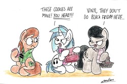 Size: 2351x1552 | Tagged: safe, artist:bobthedalek, dj pon-3, octavia melody, vinyl scratch, oc, earth pony, pony, unicorn, g4, angry, black friday, clothes, dialogue, open mouth, scarf, shirt, shopping basket, simple background, sitting, traditional art, white background